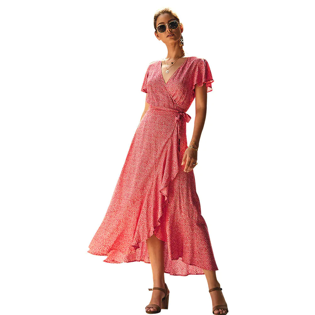Summer Floral Print Dress with V-Neck and Asymmetrical Hem