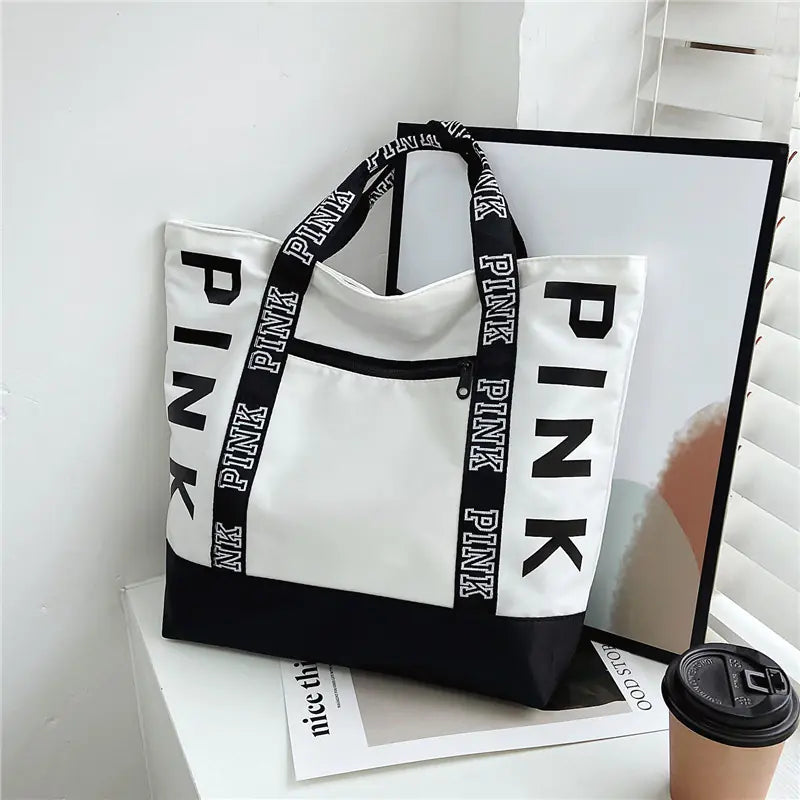 Colorblock Pink Letter Graphic Tote Bag for Women