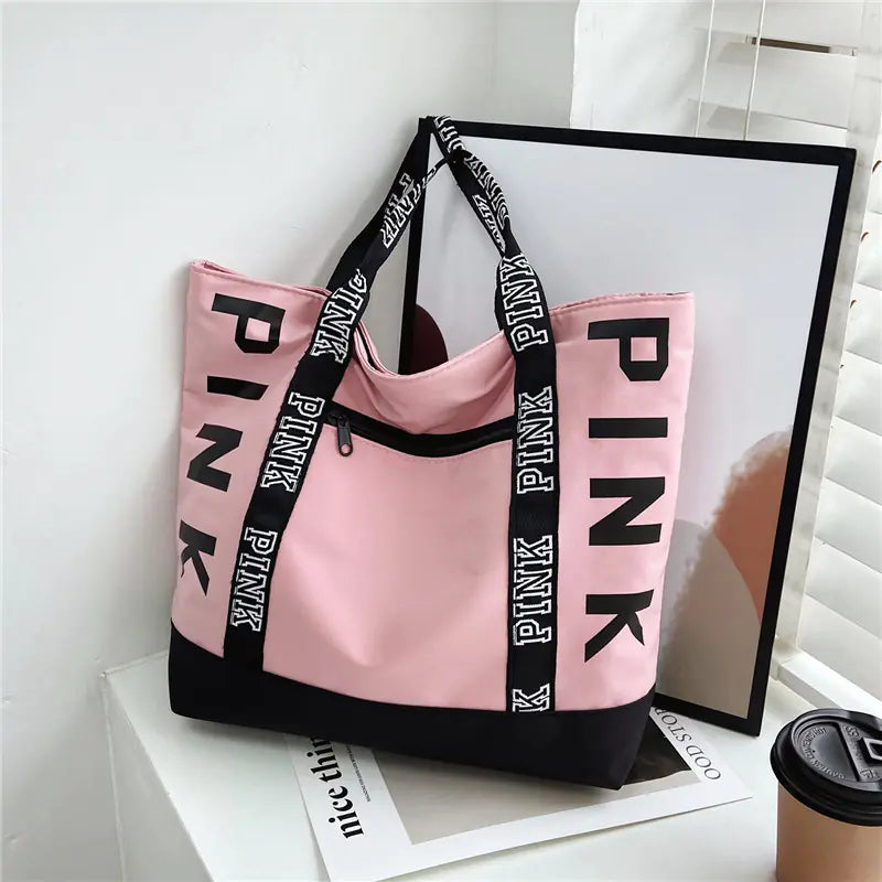 Colorblock Pink Letter Graphic Tote Bag for Women