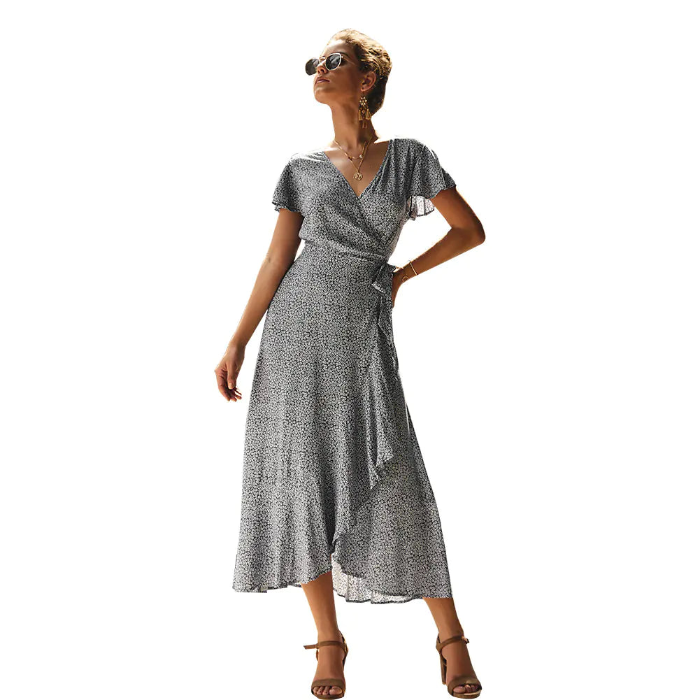 Summer Floral Print Dress with V-Neck and Asymmetrical Hem