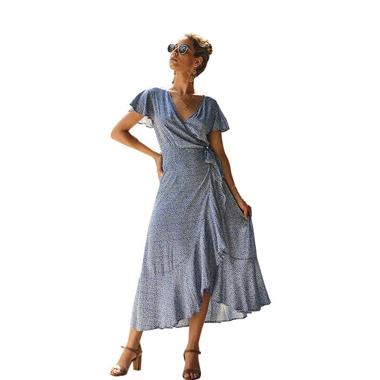 Summer Floral Print Dress with V-Neck and Asymmetrical Hem