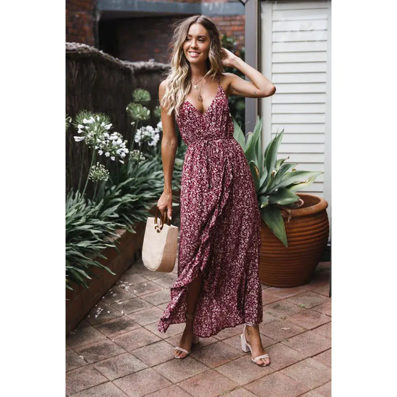 Sexy Floral Print Maxi Dress with Bow Straps