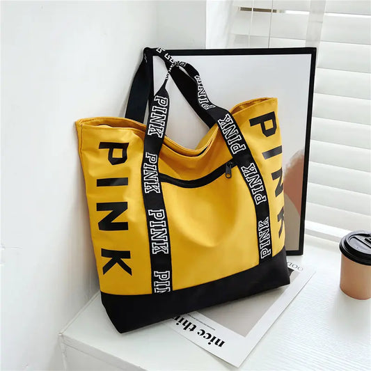 Colorblock Pink Letter Graphic Tote Bag for Women
