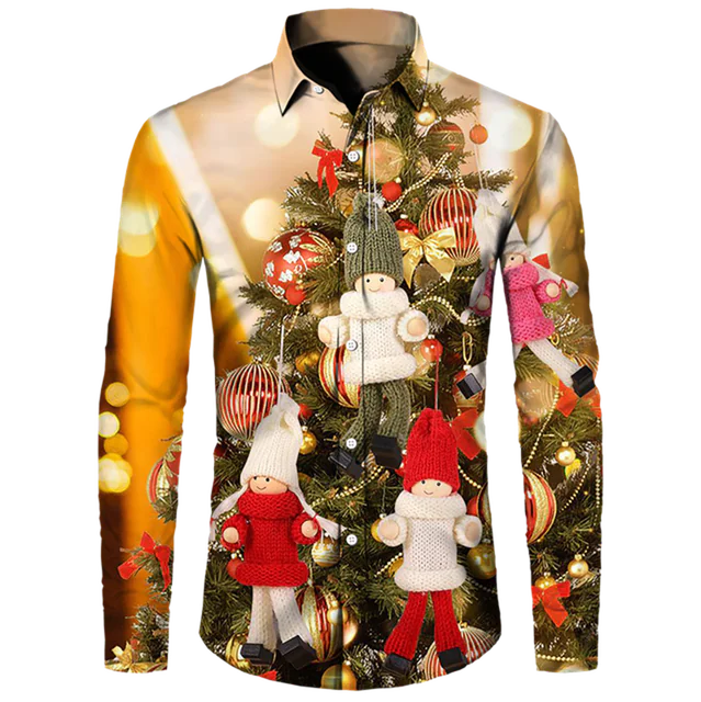 Men's Casual Christmas Cotton Spandex Shirt