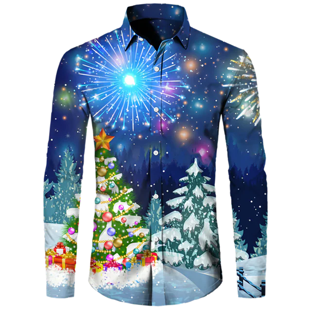 Men's Casual Christmas Cotton Spandex Shirt