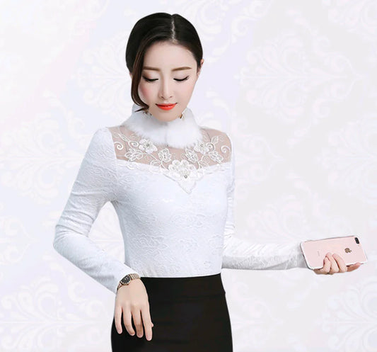Fleece-Lined Long Sleeve Lace Top for Women