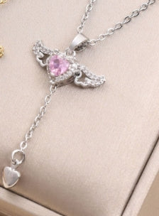 Angel Wings Necklace with Heart Tassel in Gold or Silver