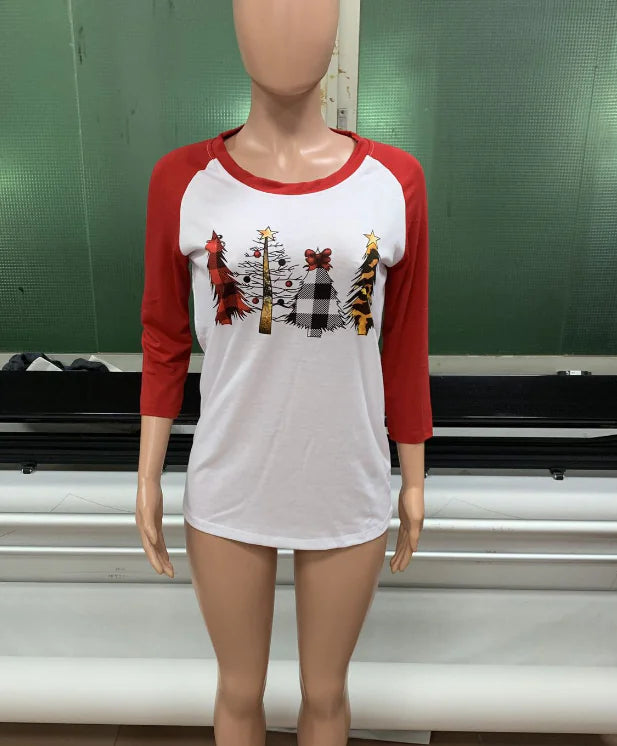 Christmas Tree Pattern Print Round Neck T-Shirt