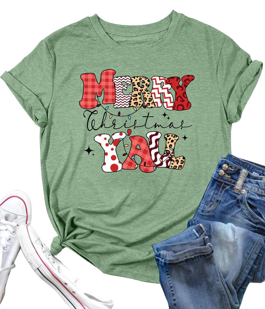 PECHAR Christmas Shirts for Women Merry Christmas Yall Tshirt Buffalo Plaid Graphic Tee Leopard Xmas Gift Tops