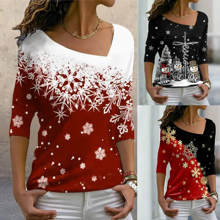 New Christmas Printed Long-sleeved Pullover T-shirt