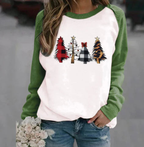 Christmas Tree Pattern Print Round Neck T-Shirt