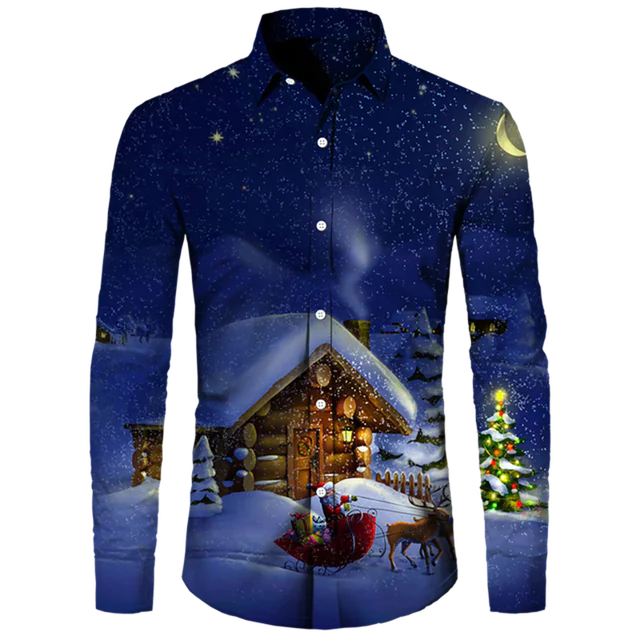 Men's Casual Christmas Cotton Spandex Shirt