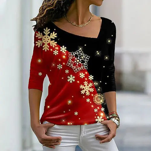New Christmas Printed Long-sleeved Pullover T-shirt