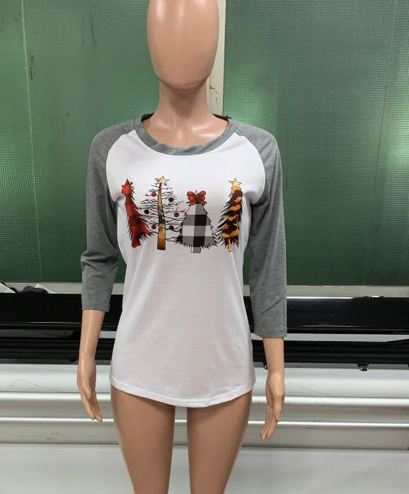 Christmas Tree Pattern Print Round Neck T-Shirt