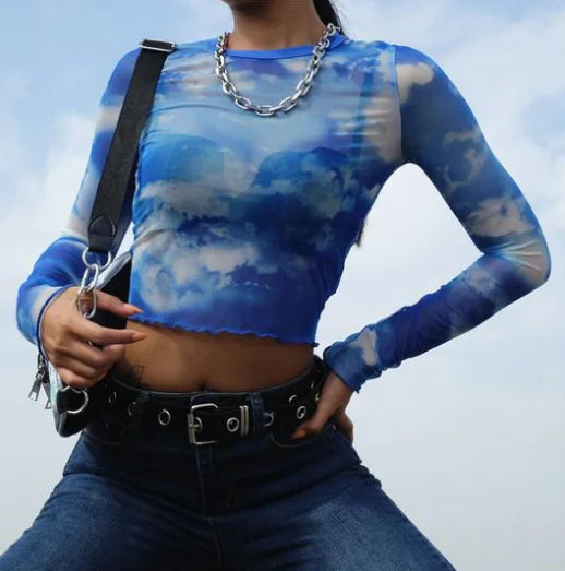 Sky and Cloud Digital Print Mesh T-Shirt