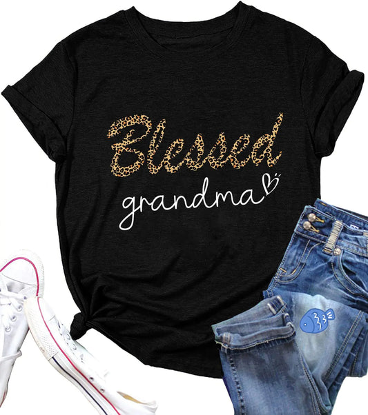 Blessed Grandma T-Shirt for Women Cute Heart Pattern Shirt Leopard Letter Print Casual Grandma Gigi Gift TopBlessed Black M